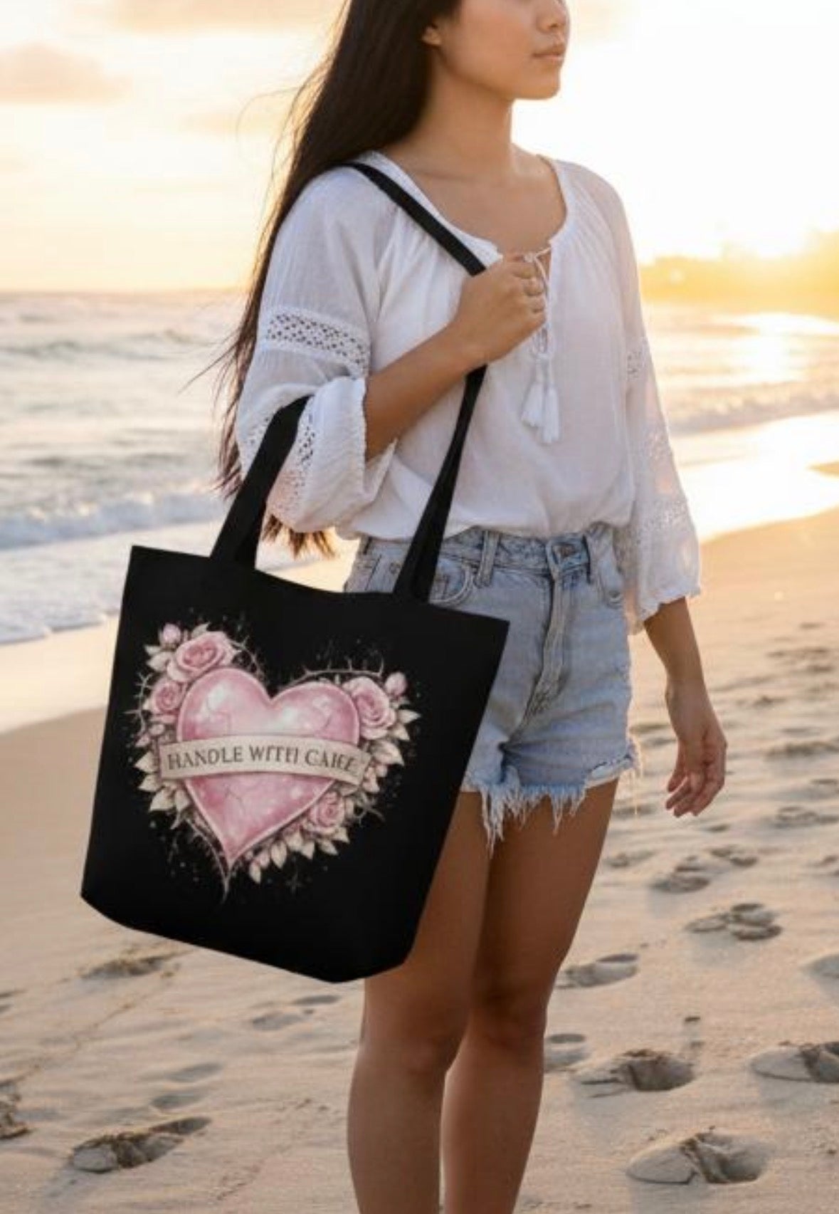 Handle With Care Tote Bag | Cute Pink Heart Stofftasche