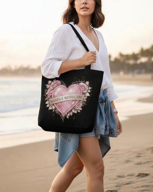 Handle With Care Tote Bag | Cute Pink Heart Stofftasche