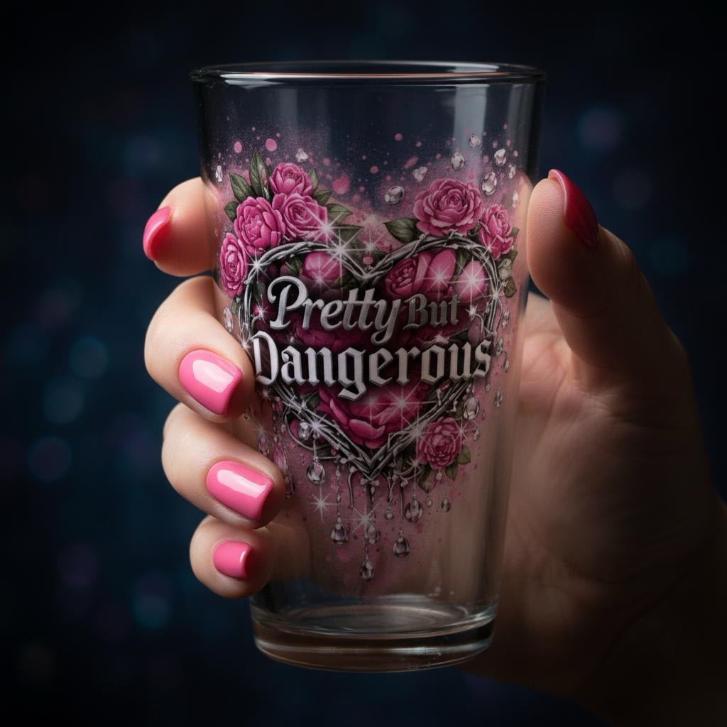 Pretty But Dangerous Glas – EnergyWhisper Sammlerstück, Pink Gothic Herz mit Rosen